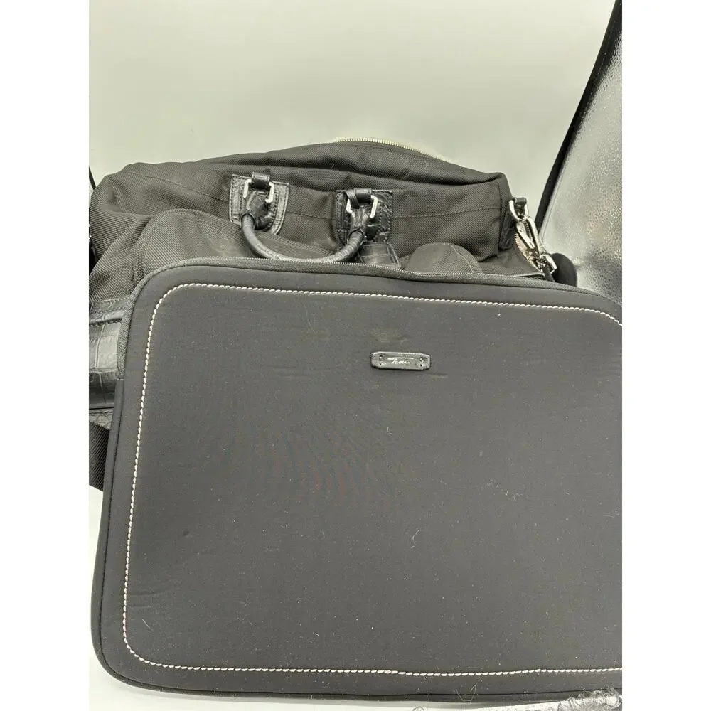 Tumi 73223D Briefcase Laptop Bag Black Nylon Croc Leather Trim Shoulder Strap